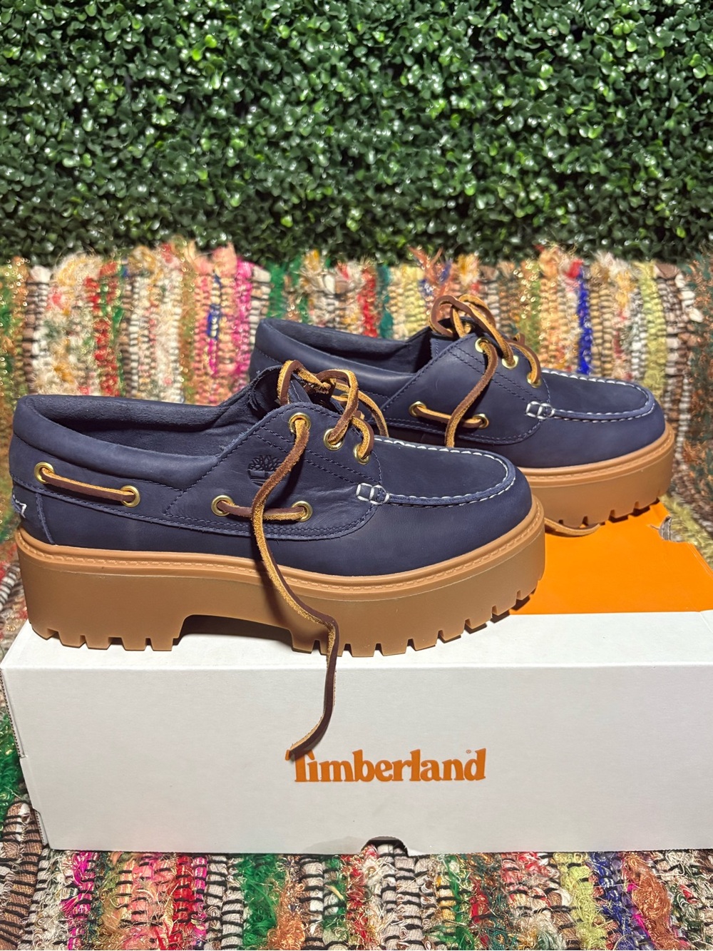 Timberland Stone Street Platform Boat Shoes Navy Blue Women’s 7 NIB